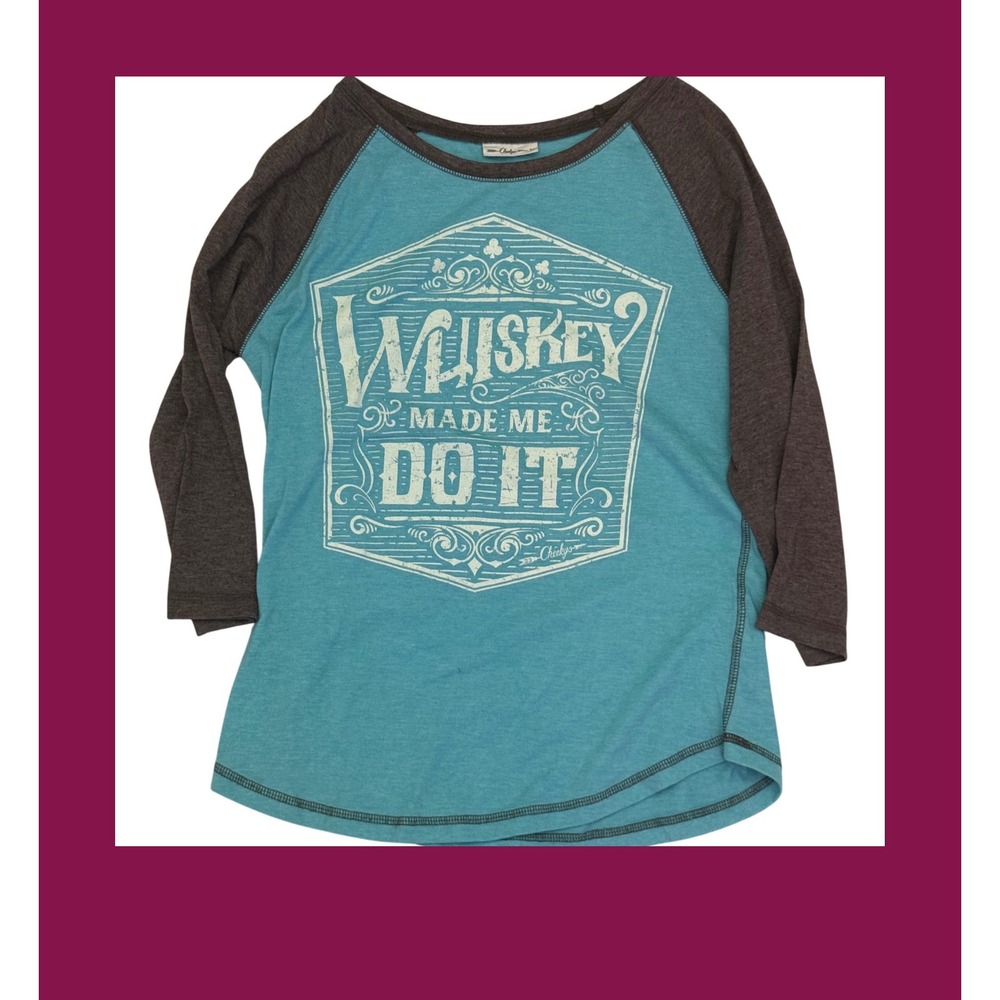 Cheekys Whiskey Made Me Do It Graphic Raglan Baseball Tee Turquoise Grey Medium